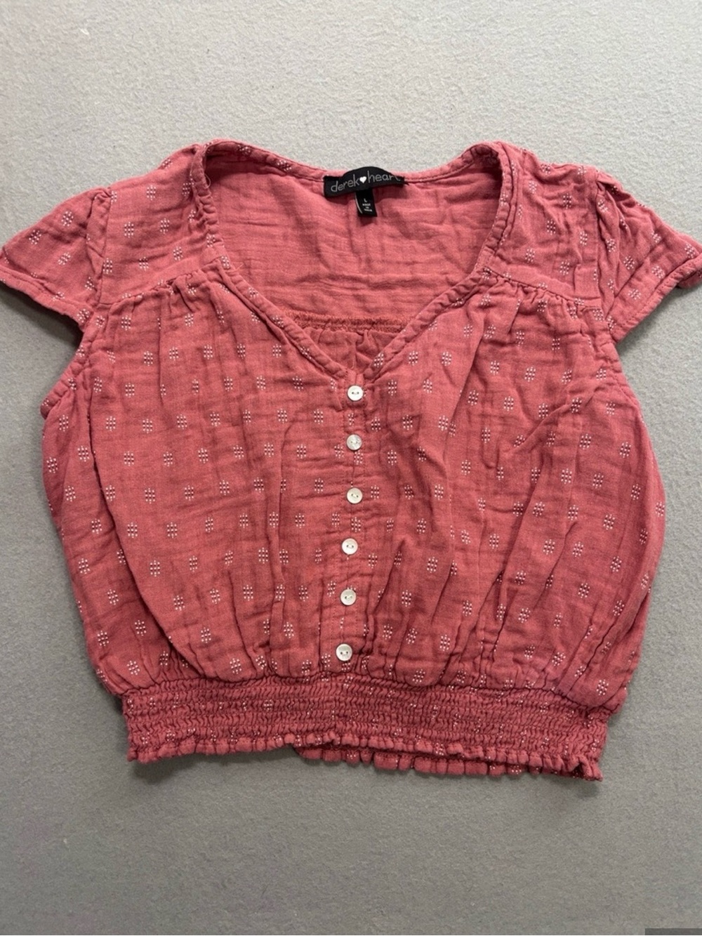 Derek Heart Rose Pink Button-Front Smocked Waist Crop Top